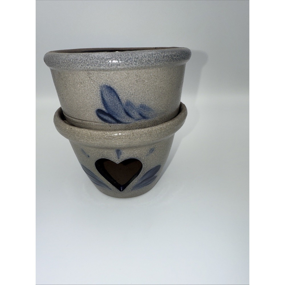 VTG 1998 99 Rowe Pottery Works 2 Pc Wax Warmer Tea Light Heart Cutout Salt Glaze